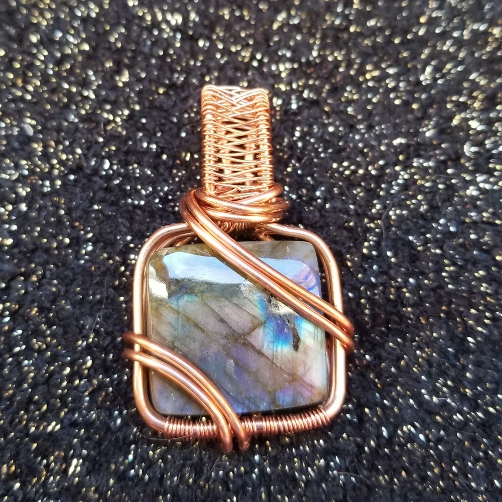 Square multi color Labradorite copper wire wrapped pendant